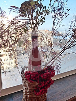 Bouquet of dried flowers and herbs on the background of a winter Sunny frosty sky. Winter still life.