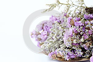 Bouquet of dried wild flowers on white background with copy space