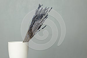 A bouquet of dry blue lavender stands in a white vase on a table against a gray wall. Space for text