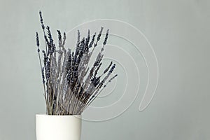 A bouquet of dry blue lavender stands in a white vase on a table against a gray wall. Space for text