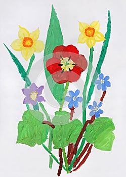 Bouquet of Early Spring Flowers. Child Art. photo