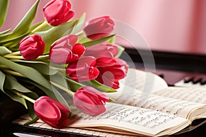 Bouquet of ed tulips are on piano sheet music.