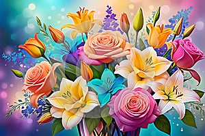 Bouquet Encompassing Roses, Lilies - Abstractly Blended into a Cascade of Vibrant Colors, Background Harmony