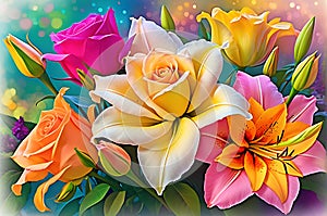 Bouquet Encompassing Roses, Lilies - Abstractly Blended into a Cascade of Vibrant Colors, Background Harmony