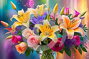 Bouquet Encompassing Roses, Lilies - Abstractly Blended into a Cascade of Vibrant Colors, Background Harmony