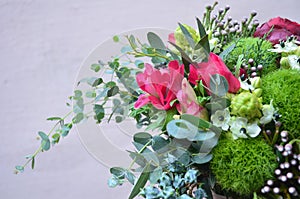 Bouquet of eucalyptus, ornithogalum, cloves and peonies. Flower mix