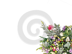 Bouquet of eustomess and eucalyptus on a white background