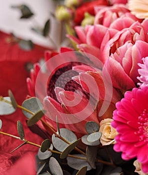 Bouquet of exotic flowers and plants, close-up