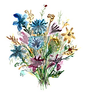 Bouquet of fantasy summer flowers, watercolor