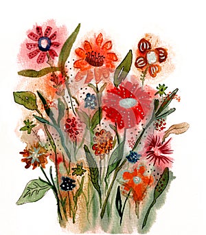 Bouquet of fantasy summer flowers, watercolor