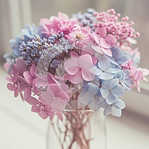 A bouquet featuring delicate blue and pink hydrangeas (Hydrangea macrophylla) and