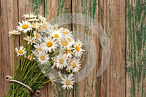 Bouquet field chamomile flowers in door handle on old wooden background. Concept rustic romantic surprise. Copy space