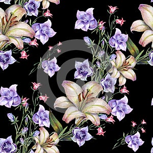 Bouquet Field Flowers of Watercolor. Handiwork Seamless Pattern on a Black Background.