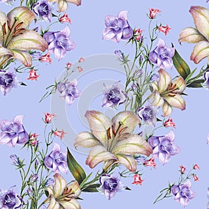 Bouquet Field Flowers of Watercolor. Handiwork Seamless Pattern on a Blue Background.