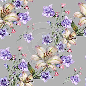 Bouquet Field Flowers of Watercolor. Handiwork Seamless Pattern on a Gray Background.