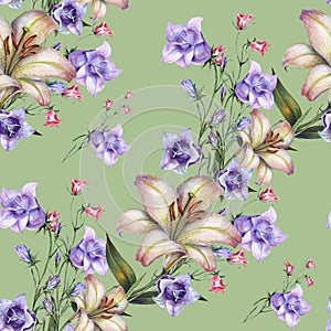Bouquet Field Flowers of Watercolor. Handiwork Seamless Pattern on a Green Background.