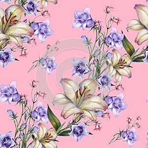 Bouquet Field Flowers of Watercolor. Handiwork Seamless Pattern on a Pink Background.