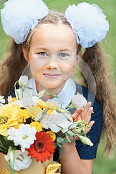 bouquet for first beloved teacher on first of September. Flowers for the last bell. day of knowledge. beginning of the school year