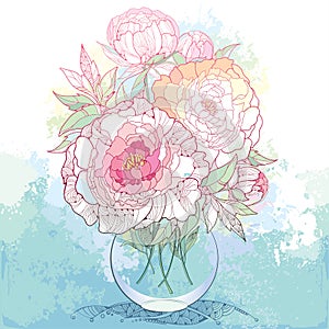 Bouquet with five ornate peony flower and leaves in the round transparent vase on the textured background with blots.l