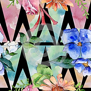 Bouquet floral botanical flowers. Watercolor background illustration set. Seamless background pattern.