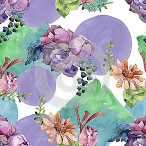 Bouquet floral botanical flowers. Watercolor background illustration set. Seamless background pattern.