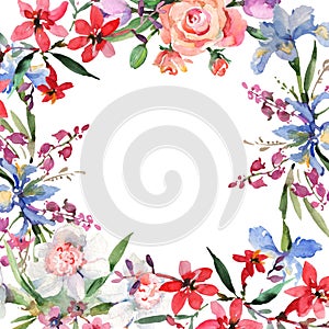 Bouquet floral botanical flowers. Watercolor background illustration set. Frame border ornament square.