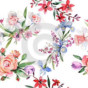 Bouquet floral botanical flowers. Watercolor background illustration set. Seamless background pattern.