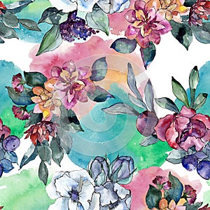 Bouquet floral flower. Watercolor illustration. Watercolour seamless background pattern. Fabric wallpaper print texture.