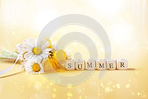 Bouquet flower camomila with text summer on yellow background photo
