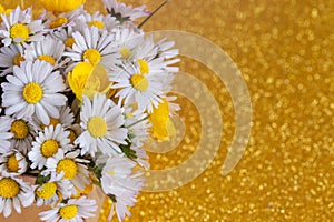 Bouquet flower camomila on yellow background. Summer consept background photo