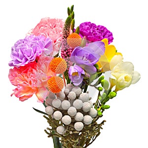 Bouquet flower freesia, carnation, craspedia, brunia laevis and veronica isolated on white