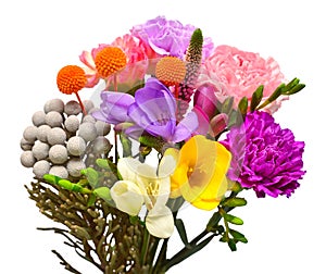 Bouquet flower freesia, carnation, craspedia, brunia laevis and veronica isolated on white