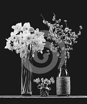 Bouquet of flowering branches of willow and dogwood in a vase, bouquet of narcissus flower and bouquet of bluebell flower in a vas