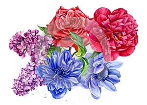bouquet of flowers, anemones, rose, peony, lilac, watercolor botanical illustration
