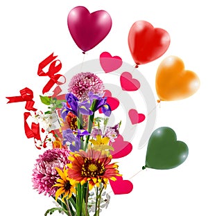 bouquet of flowers, balloons, hearts as a symbol of love and celebration