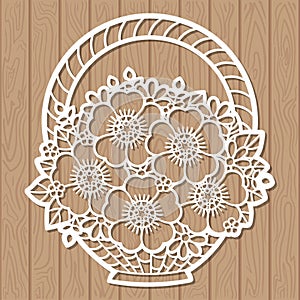 A bouquet of flowers in a basket. Template for laser cutting. Vector