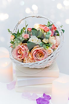 Bouquet of flowers in a basket, Wedding decoration, hand made