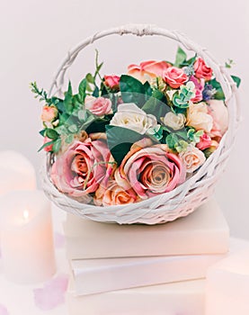 Bouquet of flowers in a basket, Wedding decoration, hand made