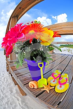 Bouquet of flowers by beach