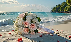 A bouquet of flowers is on the beach, with a white ribbon around it. The bouquet is made up of white and pink flowers.