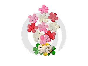 A bouquet flowers, beautiful floral plasticine, colorful clay, sweetie colored dough, Valentine day gift, white background