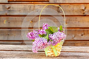 Bouquet of flowers beautiful smell violet purple lilac on rustic wooden background