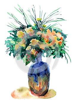 A bouquet of flowers in a blue bottle  spring juicy watercolor.