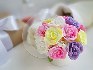 Bouquet of flowers on blurred background. Spa romantic concept.