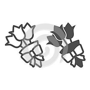 Bouquet of flowers with bow line and solid icon, date and romance concept, blossom vector sign on white background
