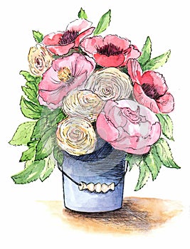 Bouquet of flowers in a bucket photo