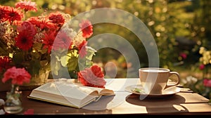 Bouquet of flowers, croissant, cup of tea or coffee, books on table in autumn garden. Rest in garden, reading books, breakfast,