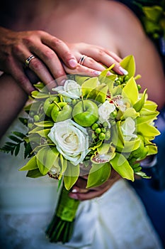 Bouquet from flowers and fruit