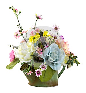 Bouquet of flowers in green watering pot