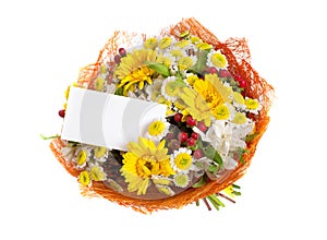 Bouquet of flowers with greeting card